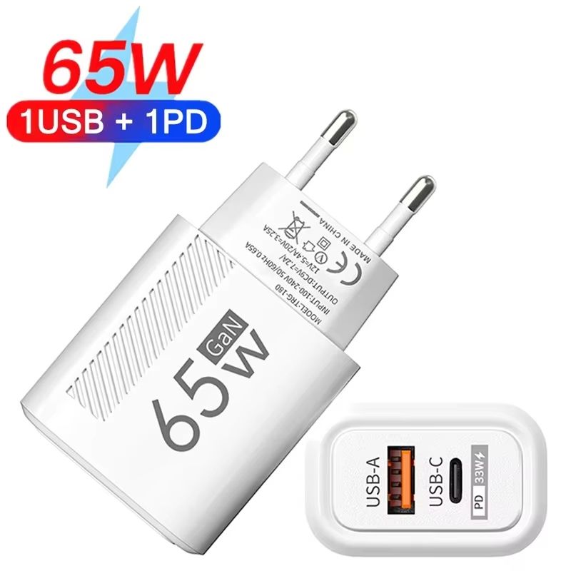 65W 2 Ports USB Type C Charger Fast Charging Data Cable US EU Plug Phone Charger Adapter For Samsung IPhone Xiaomi Wall Charger