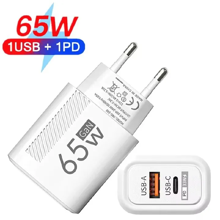 65W 2 Ports USB Type C Charger Fast Charging Data Cable US EU Plug Phone Charger Adapter For Samsung IPhone Xiaomi Wall Charger