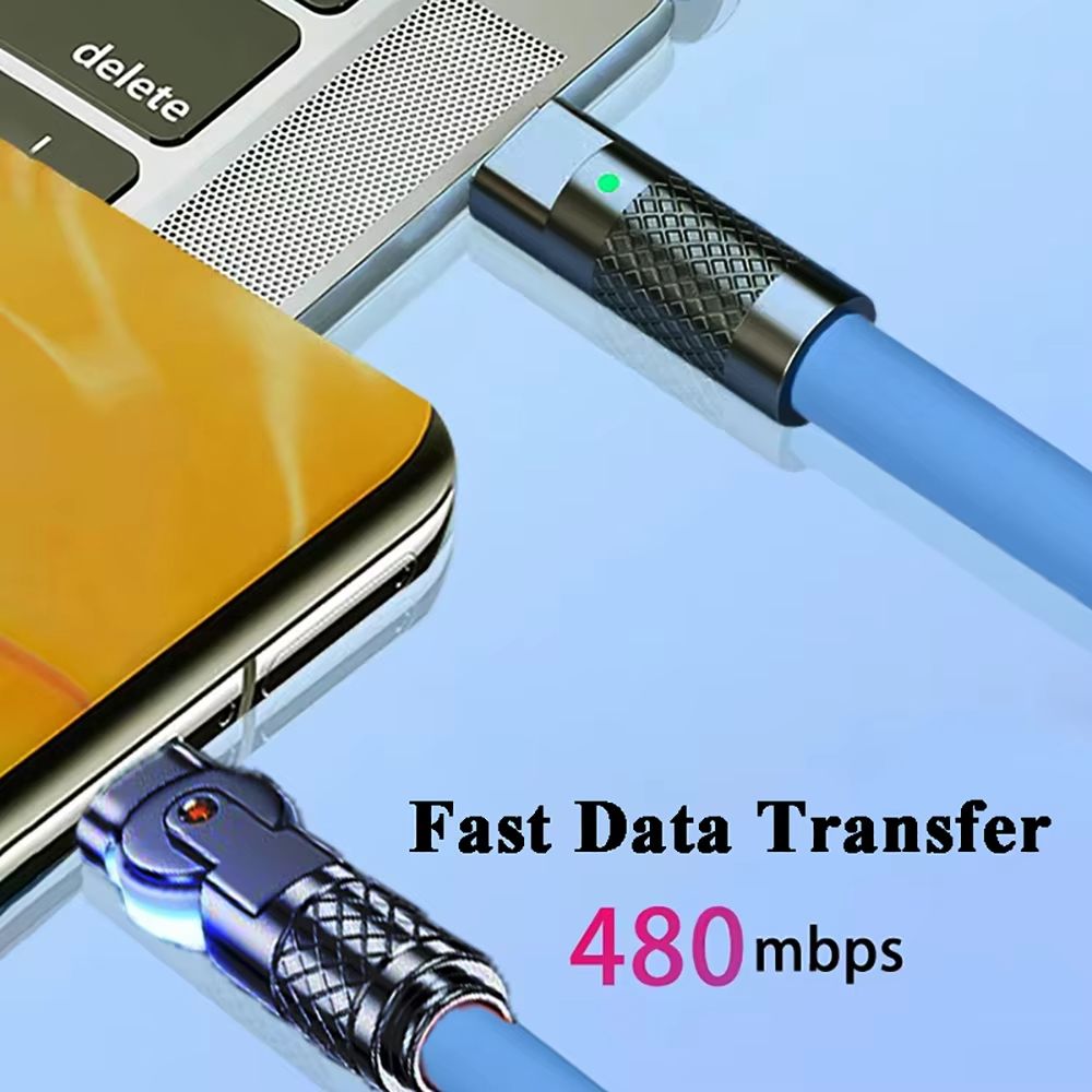 120W 6A USB C to Type C Super Fast Charging Cable 180° Rotating Elbow Charger Data Cord with LED for Samsung Xiaomi Huawei Phone