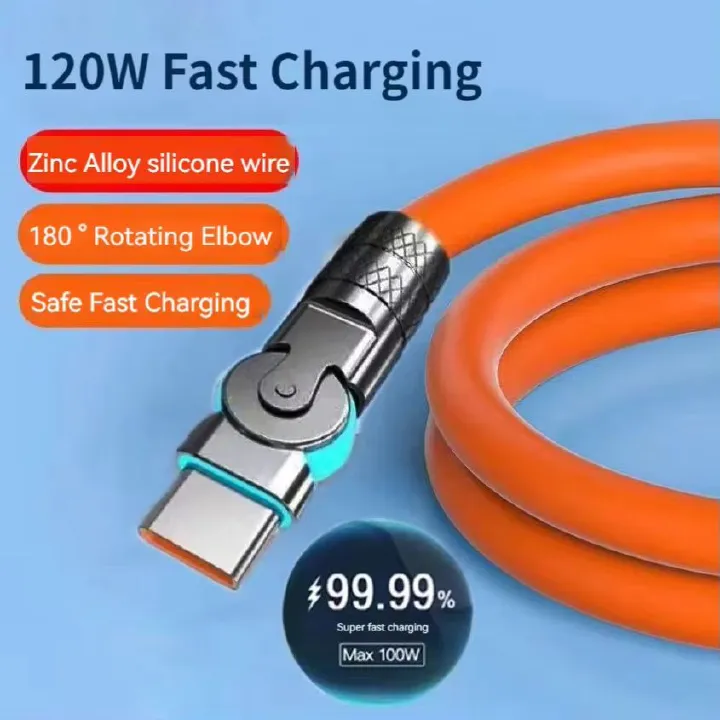 120W 6A USB C to Type C Super Fast Charging Cable 180° Rotating Elbow Charger Data Cord with LED for Samsung Xiaomi Huawei Phone