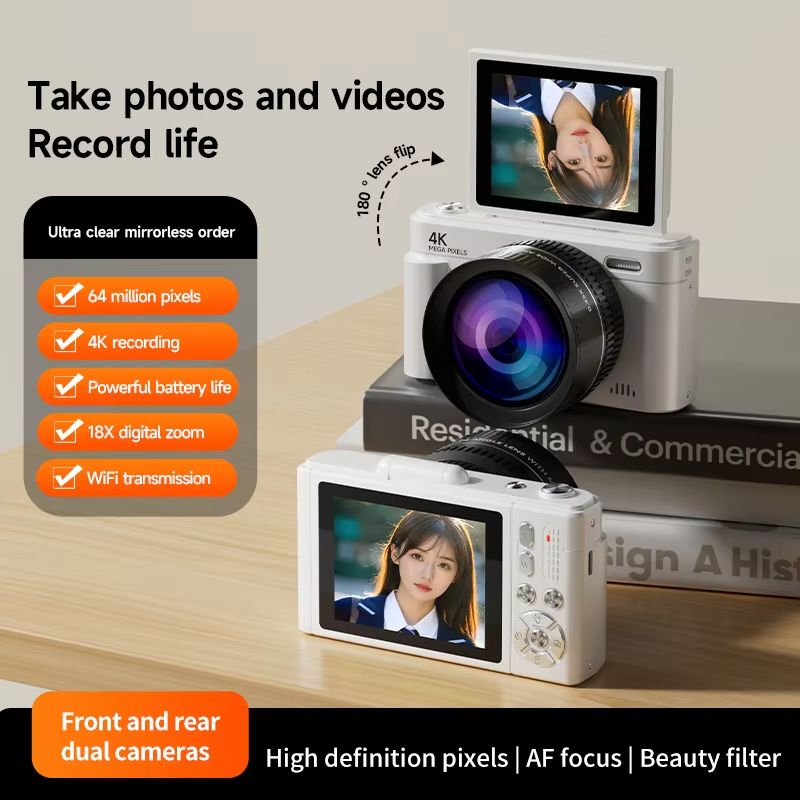 Digital Camera 4K 64MP HD 18X Zoom Autofocus Retro Compact Digital Camera with 2.8 Inch Screen for Travel Photography Vlogging