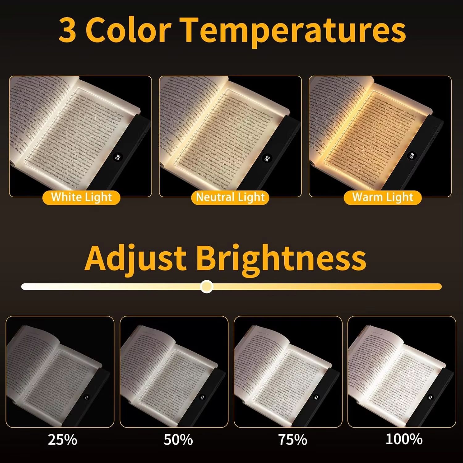 Book Light, Rechargeable Clear LED Flat Book Lights for Reading in Bed at Night with 3 Colors Dimmable Panel Plate Book Lamp