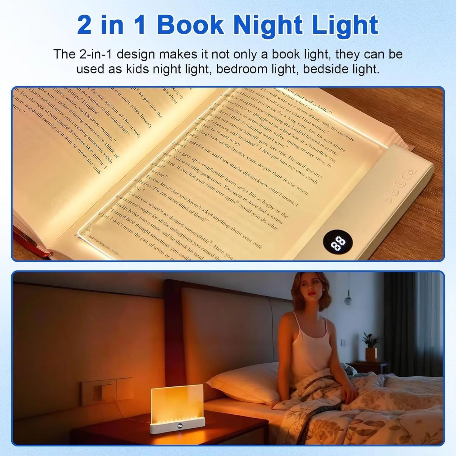 Book Light, Rechargeable Clear LED Flat Book Lights for Reading in Bed at Night with 3 Colors Dimmable Panel Plate Book Lamp
