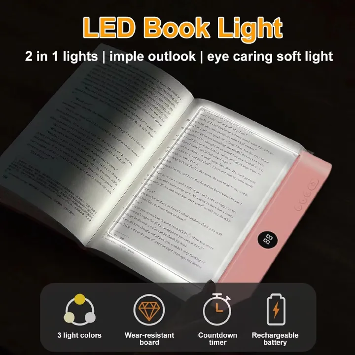 Book Light, Rechargeable Clear LED Flat Book Lights for Reading in Bed at Night with 3 Colors Dimmable Panel Plate Book Lamp