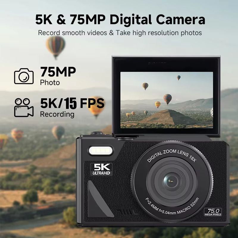 75MP Digital Camera 18X Digital Zoom 180°Flip Screen Professional Photography Flash Light AutoFocus WIFI for Ins Youtube Webcast