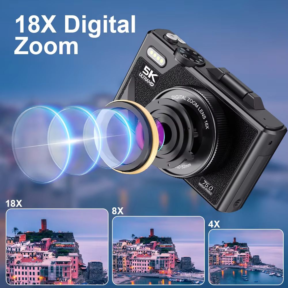 75MP Digital Camera 18X Digital Zoom 180°Flip Screen Professional Photography Flash Light AutoFocus WIFI for Ins Youtube Webcast