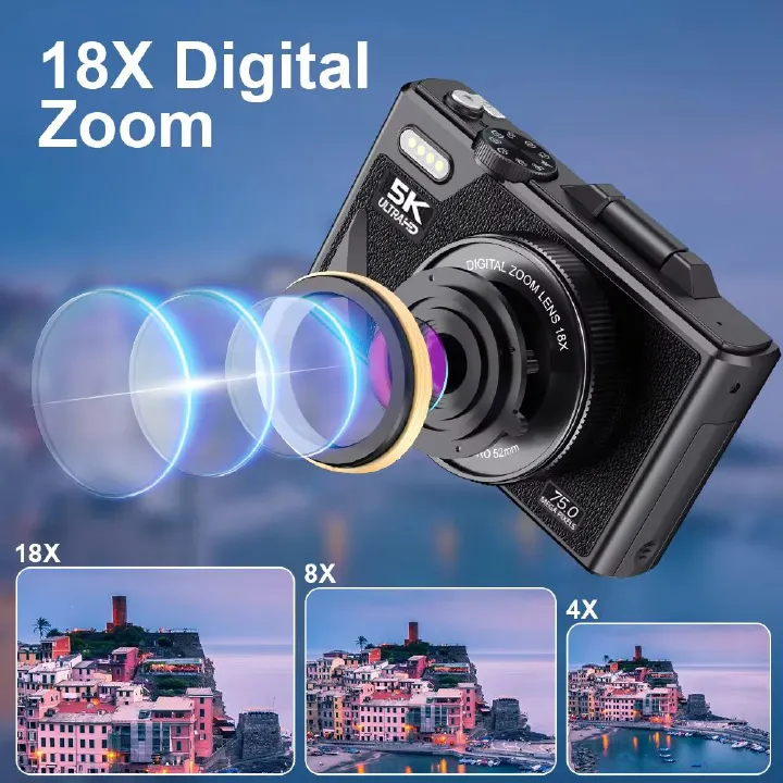 75MP Digital Camera 18X Digital Zoom 180°Flip Screen Professional Photography Flash Light AutoFocus WIFI for Ins Youtube Webcast