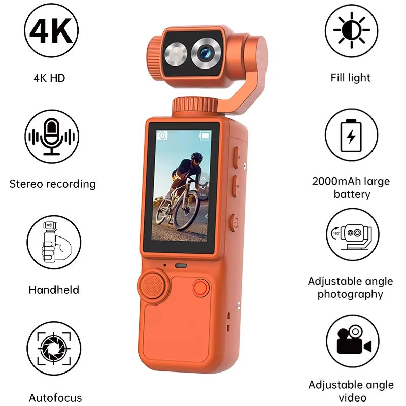 4K Handheld Sports Pocket Camera 180° Rotatable Screen WiFi Built-in Fill Light 2000mAh Motion Cam