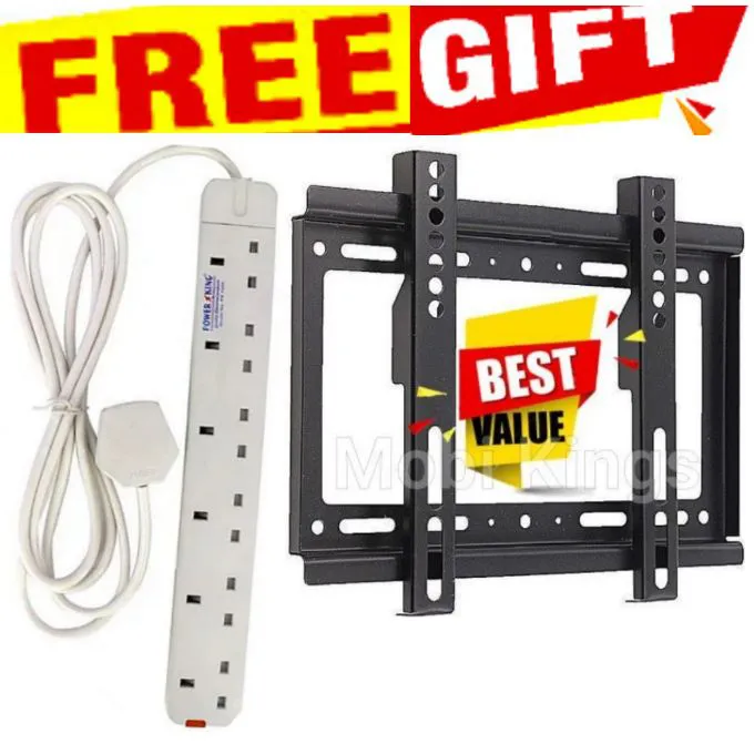 Power King Electronic 6 Way Multifunctional Plug Extension // EXTENTION 6WAY With Long Cable + GIFT TV HOLDER WALL MOUNT BRACKET FOR 15 INCH, 24INCH, 32 INCH & 43 INCH Smart Android Frameless TV