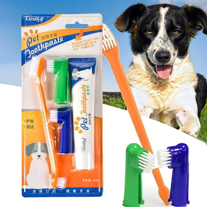 4 In 1 Cat Dog Toothpaste And Toothbrush Set For Pet - Beef Flavoured - 2 Finger Brush Pets Tartar Control Kit Reduces Plaque Fresh Breath Kit Beef Flavor Toothbrushs for Cat Kitten Doggie Dental Care