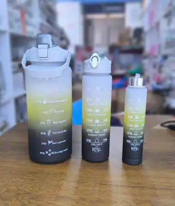 3in 1 Plastic Motivational Water Bottle Black , 2l , 1l , 350 Ml Inspirational Quotes & Time Markers - The half-gallon and 32-ounce water bottles feature unique motivational quotes and time markers,