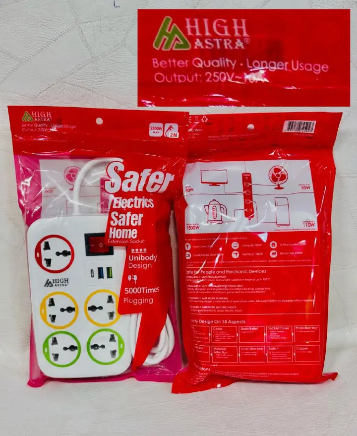 Astra High Quality 6-Way Extension Socket with 3 USB & 1 Type-C Port – 3M Heavy-Duty Power Strip, 2500W, 250V-10A