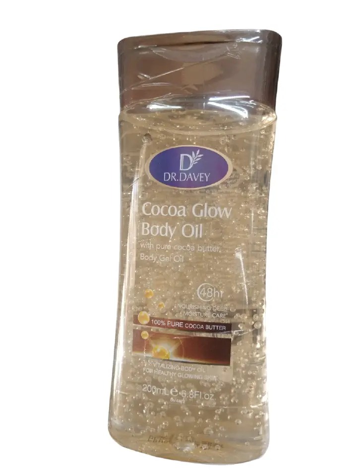 Dr. Davey Cocoa Glow Body Oil 200ml – Deep Nourishing Moisturizing Body Gel Oil with 100% Pure Cocoa Butter for Soft Smooth Radiant Skin, 48H Long-Lasting Hydration