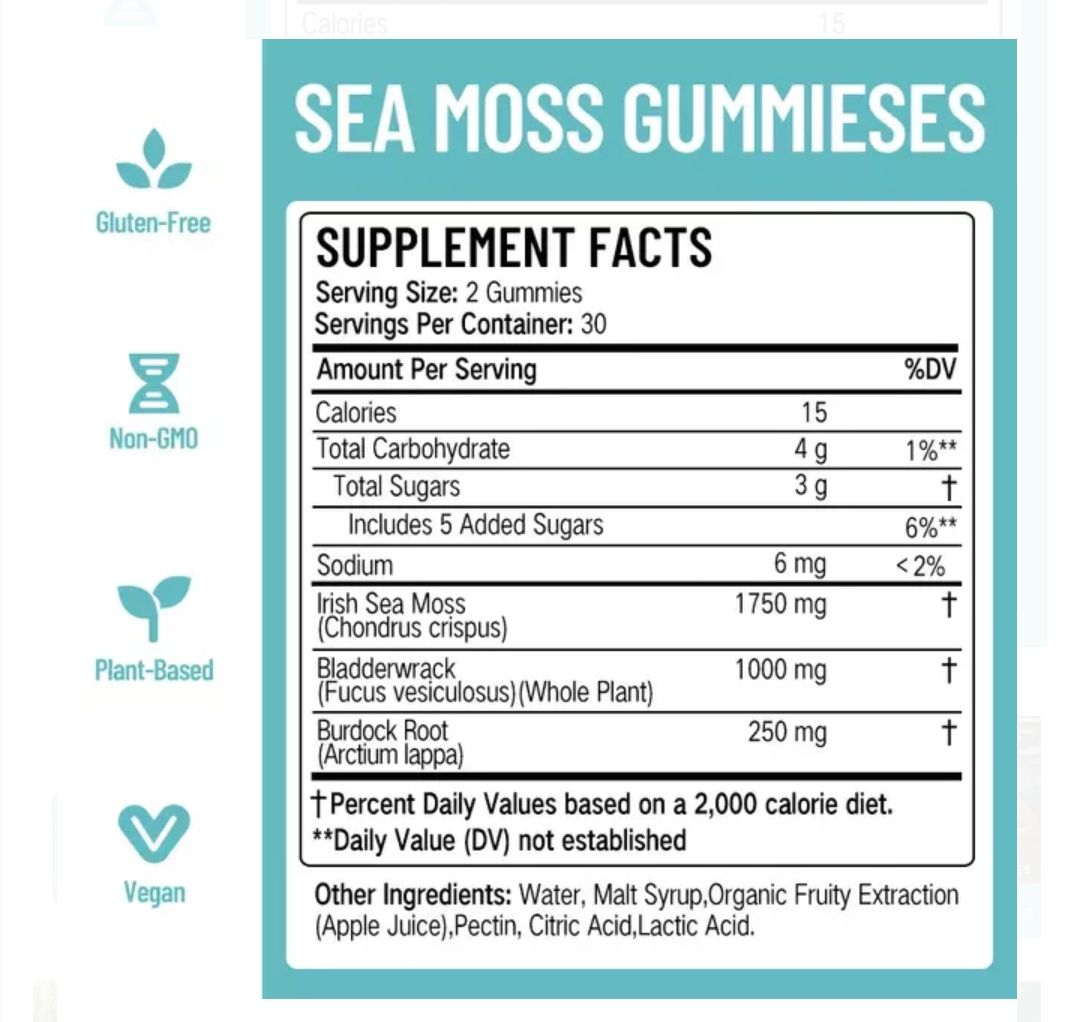 Sea Moss Gummies With Bladderwrack & Burdock Root Highly Effective Anti-Aging, Cardiovascular Health, Cholesterol Support, Energy Support, Immune Support Gummies