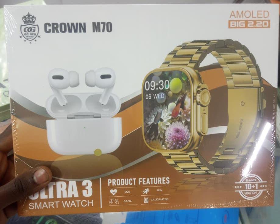 Crown M70 Ultra 3 AMOLED Smart Watch with Wireless Earbuds, Big 2.20″ Display, Fitness & Health Tracking, Bluetooth Calling, Multiple Sports Modes, Luxury Strap Smartwatch Set