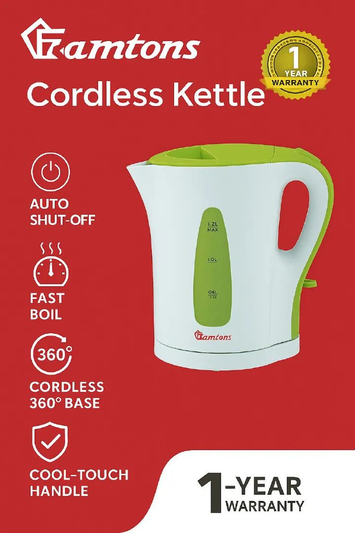 Ramtons Cordless Electric Kettle 1.7 Litres RM349 – Fast Boil, Auto Shut-Off, Boil-Dry Protection, 360° Swivel Base, Energy Efficient Plastic Water Kettle