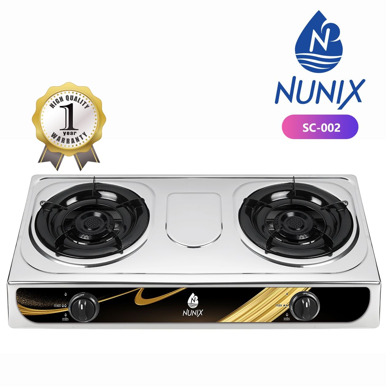 Nunix 2 Burner Stainless Steel Gas Stove Tabletop Cooker with Auto Ignition, Heavy-Duty Steel Body, Energy-Efficient Whirlwind Burners & Enamel Pan Support for Fast Cooking