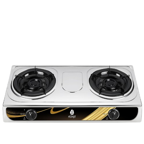 Nunix 2 Burner Stainless Steel Gas Stove Tabletop Cooker with Auto Ignition, Heavy-Duty Steel Body, Energy-Efficient Whirlwind Burners & Enamel Pan Support for Fast Cooking