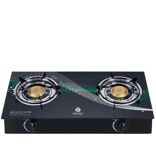 Nunix  2 Burner Glass Top Gas Cooker with Auto Ignition, Tempered Glass Tabletop Stove, High-Efficiency Swirl Burners, Gas-Saving Design, Heat-Resistant Enamel Pan Support Kitchen LPG Cooker