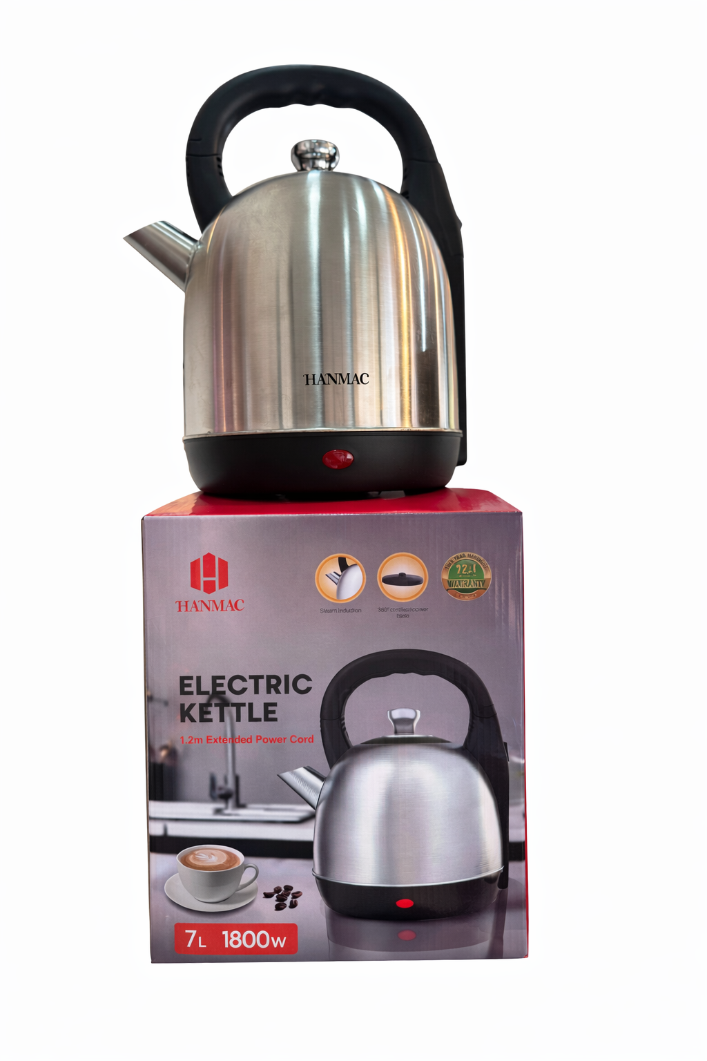Hanmac 7L Electric Kettle – Large Capacity, 1800W Fast Boil, Stainless Steel Body with 360° Cordless Base for Easy Pouring & Safety