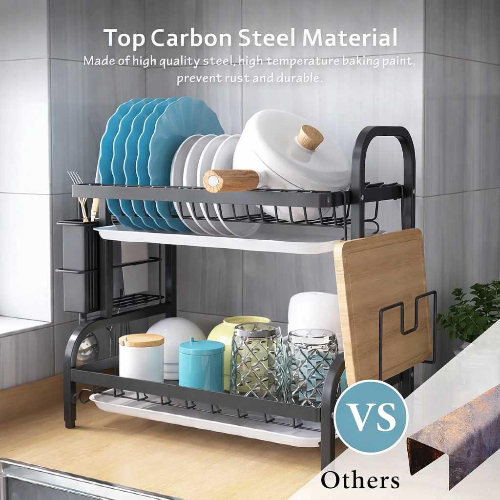 Premium 2-Tier Carbon Steel Dish Rack – Durable, Rust-Resistant Kitchen Organizer
