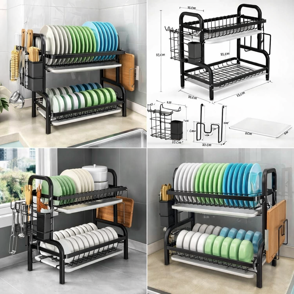Premium 2-Tier Carbon Steel Dish Rack – Durable, Rust-Resistant Kitchen Organizer