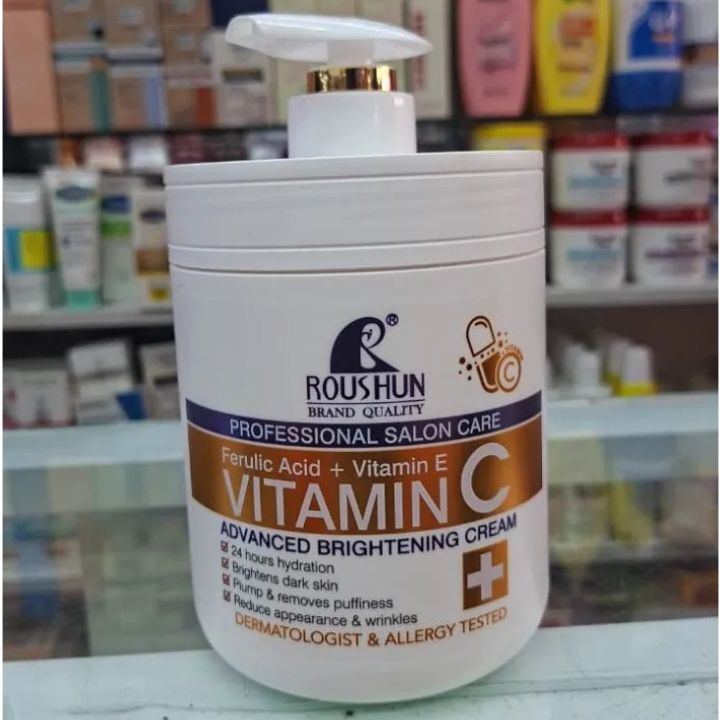 Roushun Vitamin C Brightening Cream with Ferulic Acid & Vitamin E | Professional Salon Care Face Cream, 24H Hydration, Reduces Dark Spots, Puffiness & Wrinkles, Plumping Glow Moisturizer