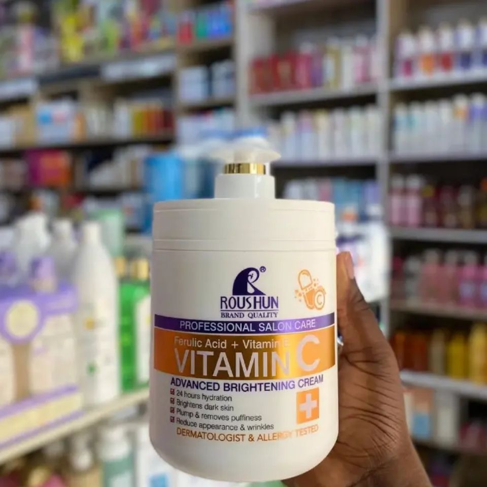 Roushun Vitamin C Brightening Cream with Ferulic Acid & Vitamin E | Professional Salon Care Face Cream, 24H Hydration, Reduces Dark Spots, Puffiness & Wrinkles, Plumping Glow Moisturizer