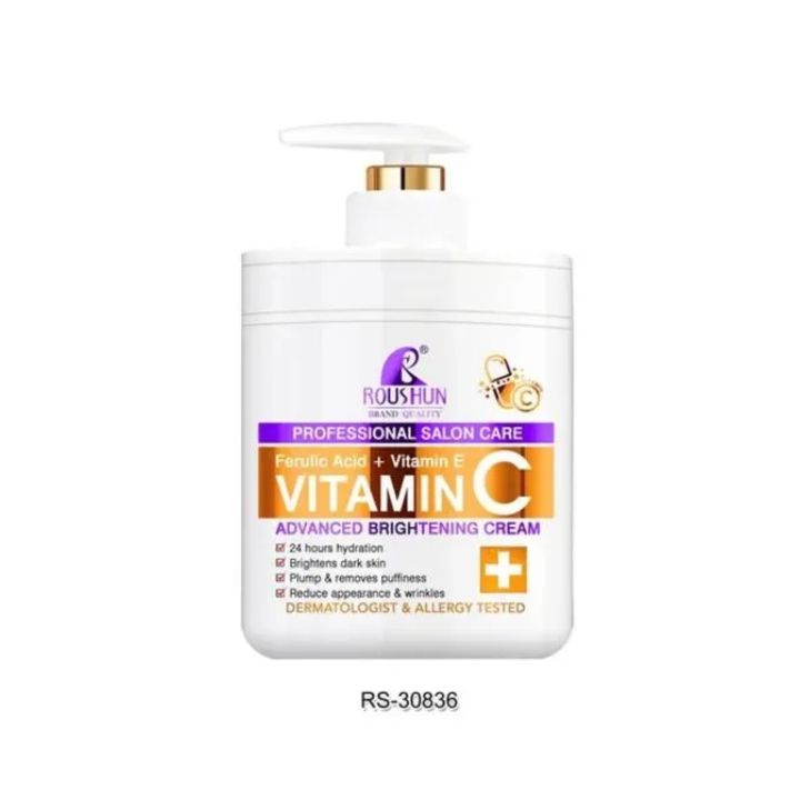 Roushun Vitamin C Brightening Cream with Ferulic Acid & Vitamin E | Professional Salon Care Face Cream, 24H Hydration, Reduces Dark Spots, Puffiness & Wrinkles, Plumping Glow Moisturizer