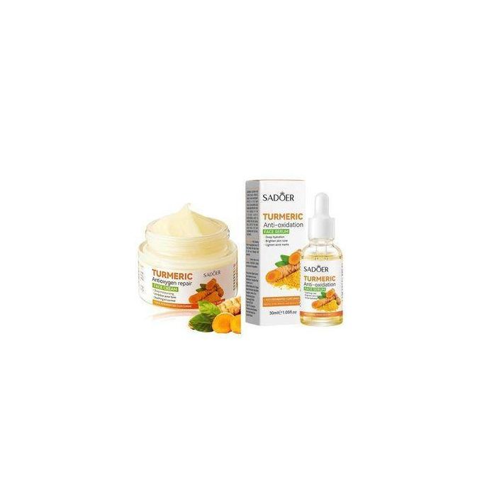 SADOER 2 In 1,Turmeric Cream + Tumeric Serum, The Combination Of Tumeric Cream And Turmeric Serum Guarantees Like Vitamin C, Deep Hydration, Inhibits Acne Formation Tumeric Serum, Inhibit Acnes, Brigh
