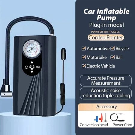 Handheld Car Inflatable Pump - Portable 12V Air Compressor with Digital Pressure Gauge and SOS Light - Black