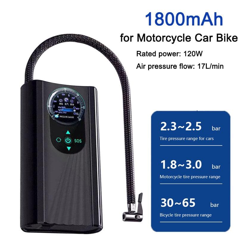 Handheld Car Inflatable Pump - Portable 12V Air Compressor with Digital Pressure Gauge and SOS Light - Black
