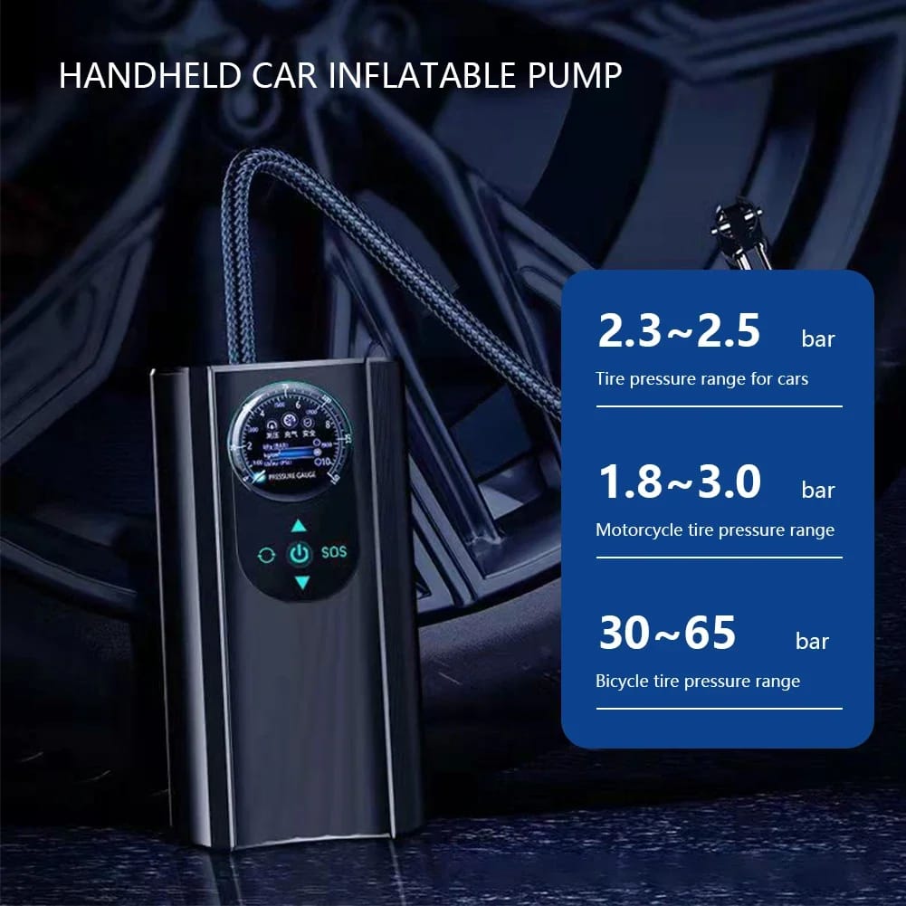 Handheld Car Inflatable Pump - Portable 12V Air Compressor with Digital Pressure Gauge and SOS Light - Black