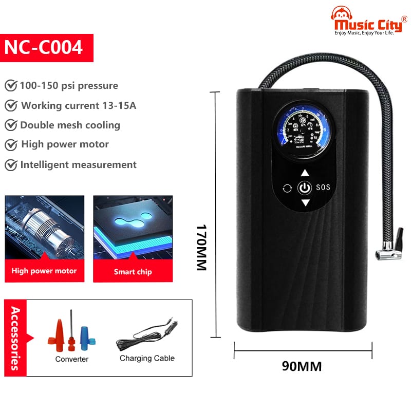 Handheld Car Inflatable Pump - Portable 12V Air Compressor with Digital Pressure Gauge and SOS Light - Black