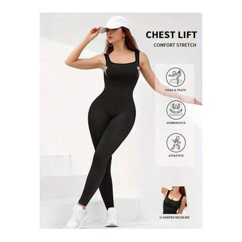 Women Ribbed One Piece Bodycon Playsuit Catsuit Jumpsuit BLACK VEST NECK Contouring Design Casual Elegance One Size Everywhere Wear Ladies Baddie Trendy High Stretch