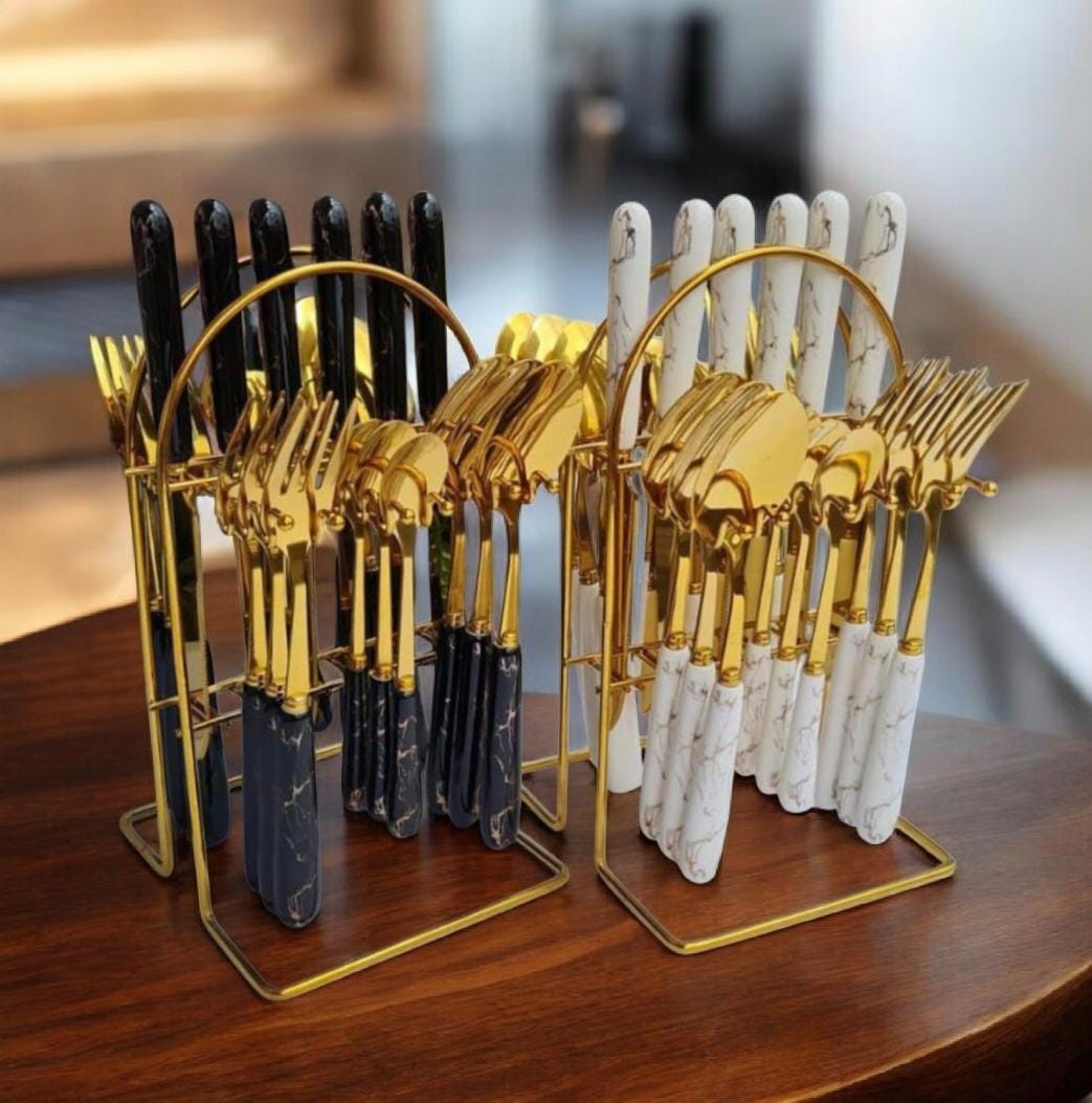 24pcs Black/White Marble Cutlery Set – Premium Stainless Steel Flatware with Marble Pattern Handles, Service for 6, Includes Knives, Forks, Dinner Spoons & Teaspoons – Modern Tableware for Home, Resta