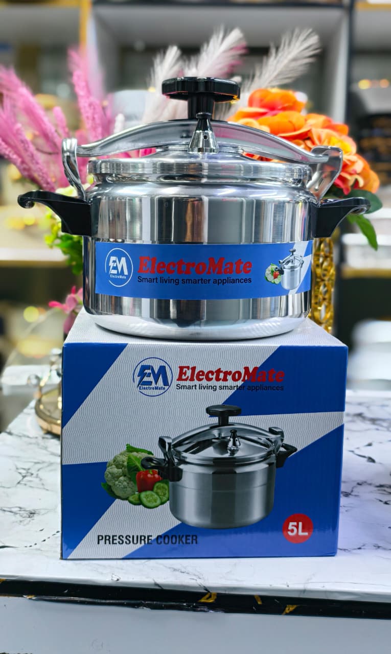 Electromate 5L Pressure Cooker – Heavy-Duty Aluminum Cooker with 2.5mm Thick Body, Mirror Finish, Bakelite Handles & Fast 70% Time-Saving Cooking – Silver