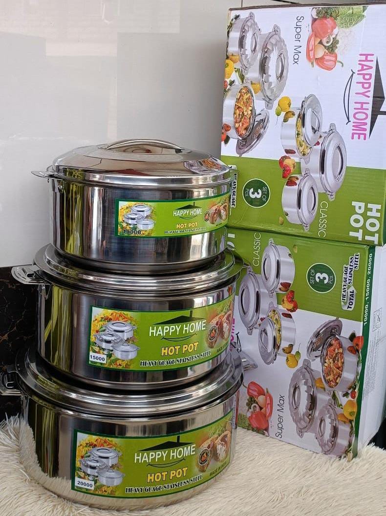 3pcs Happy Home Stainless Steel Hot Pot Set – 10L, 15L & 20L Industrial Size – Extra Large Cooking Pots with Lids for Commercial Kitchens, Catering & Big Family Meals