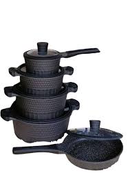 10pcs Edenberg Cookware Set – Premium Aluminum Non-Stick Pots & Pans with Ceramic Marble Coating, Vented Glass Lids & Heat-Resistant Handles for All Stovetops – Black