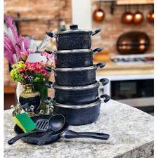 JP 10 Pcs Granite Non-Stick Cookware Pots Set – Heavy-Duty Aluminum Pots & Pans with Durable Marble/Granite Coating, Tempered Glass Lids, Heat-Resistant Handles – Gas & Electric Compatible