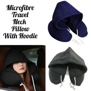 Microfiber Travel Neck Pillow with Hoodie, Neck pillow design, fully supports the head, neck and chin for maximum comfort in any sitting position.