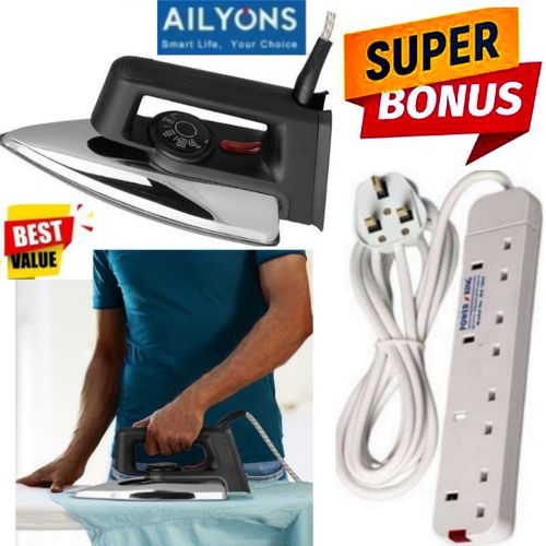 AILYONS ELECTRIC DRY IRON BOX 1000W // IronBox // IRONING BOX WITH ADJUSTABLE TEMPERATURE CONTROLLER KNOB PASI FOR MEN'S OFFICIAL SUITS AND TROUSERS , SHIRTS + 4 WAY EXTENSION// EXTENTION POWER CABLE