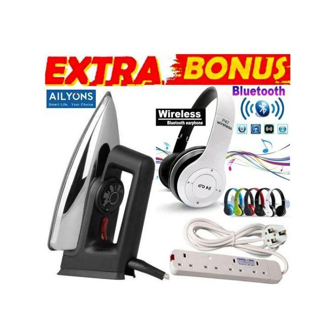 AILYONS HIGH QUALITY ELECTRIC IRON BOX-1000W // IRONING BOX WITH ADJUSTABLE TEMPERATURE CONTROLLER KNOB // IRONBOX ENERGY SAVING+ SUPER BONUS 4 WAY POWER EXTENSION CABLE SOCKET & FOLDABLE BLUETOOTH WI