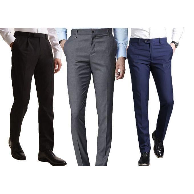3 Pack Plain Turkey Men Official Trousers – Black, Grey & Navy Blue Slim Fit Office Wear Pants for Work, Business & Formal Occasion