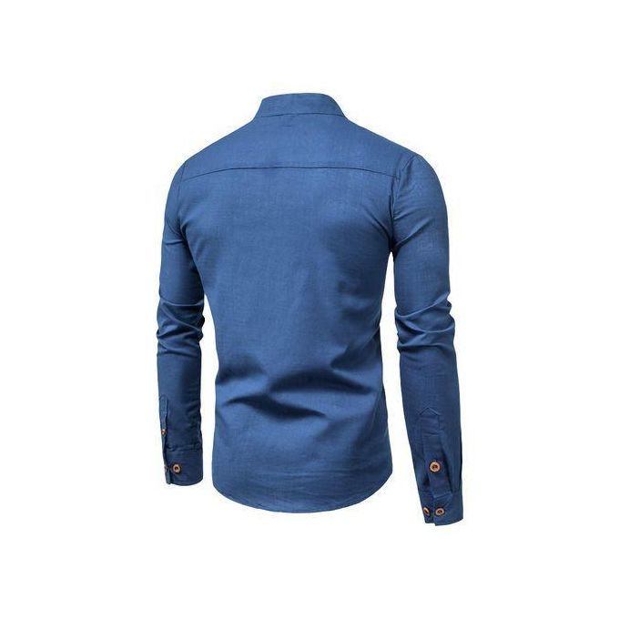 Berrykey Men's Stand Collar Casual Vintage Shirt – Navy Blue, Long Sleeve Chinese Collar Button-Down Top for Daily Wear & Street Style