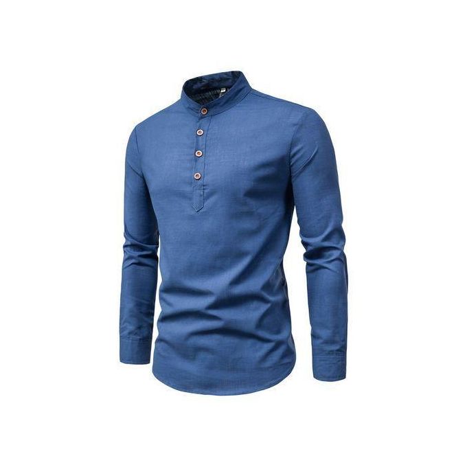 Berrykey Men's Stand Collar Casual Vintage Shirt – Navy Blue, Long Sleeve Chinese Collar Button-Down Top for Daily Wear & Street Style
