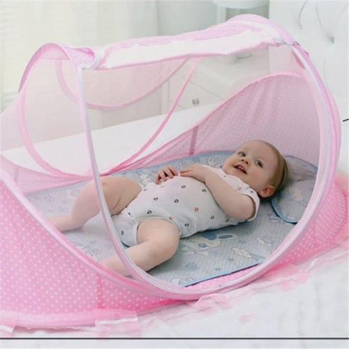 Baby Portable Bed with Cushioned Fibre Mattress & Blue Mosquito Net – Lightweight Foldable Newborn Sleeping Nest, Breathable & Comfortable Infant Travel Bed with Insect Protection