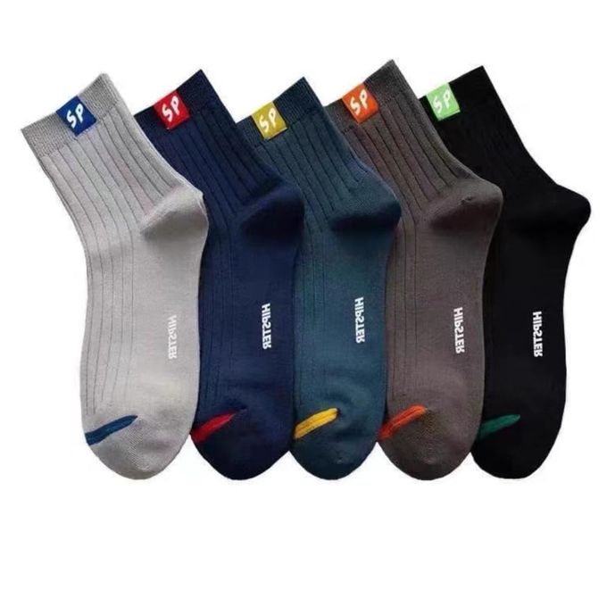 6 Pairs Men's Pure Cotton Socks Simple Style Letter Medium Tube – Casual Breathable Crew Socks Set in Random Assorted Colors