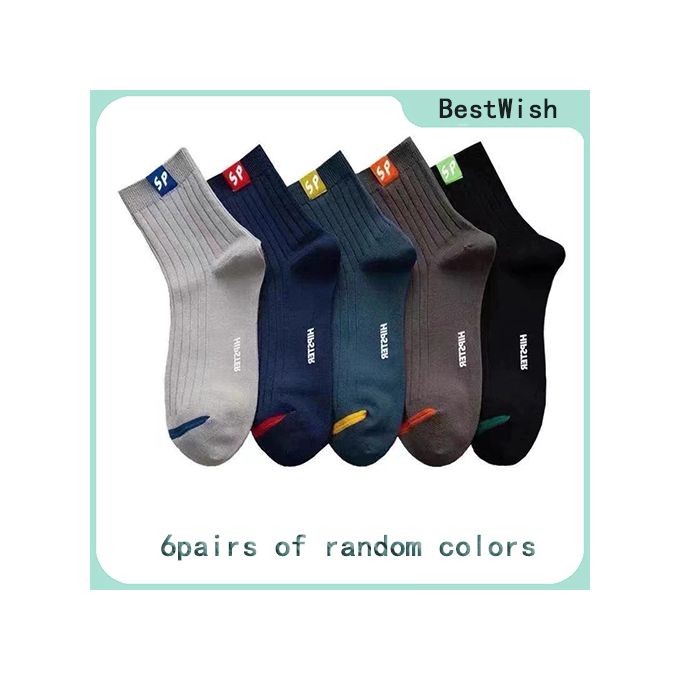 6 Pairs Men's Pure Cotton Socks Simple Style Letter Medium Tube – Casual Breathable Crew Socks Set in Random Assorted Colors