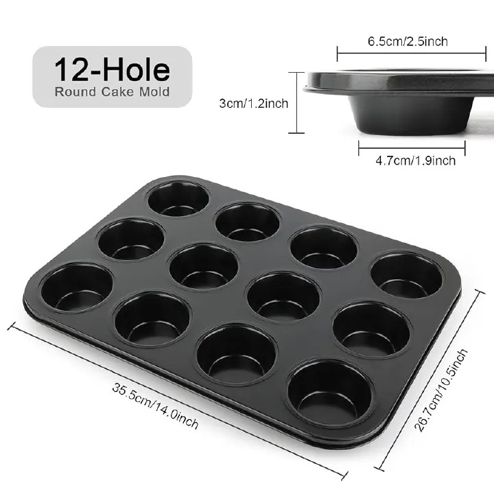 12-Hole Non-Stick Carbon Steel Cupcake Tray Bakeware Pastry Muffin Baking Oven Tray Pan